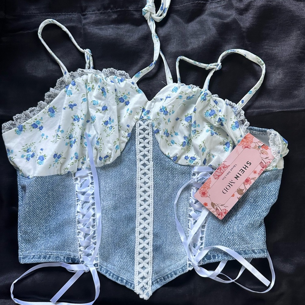SHEIN Blue Floral Corset Top